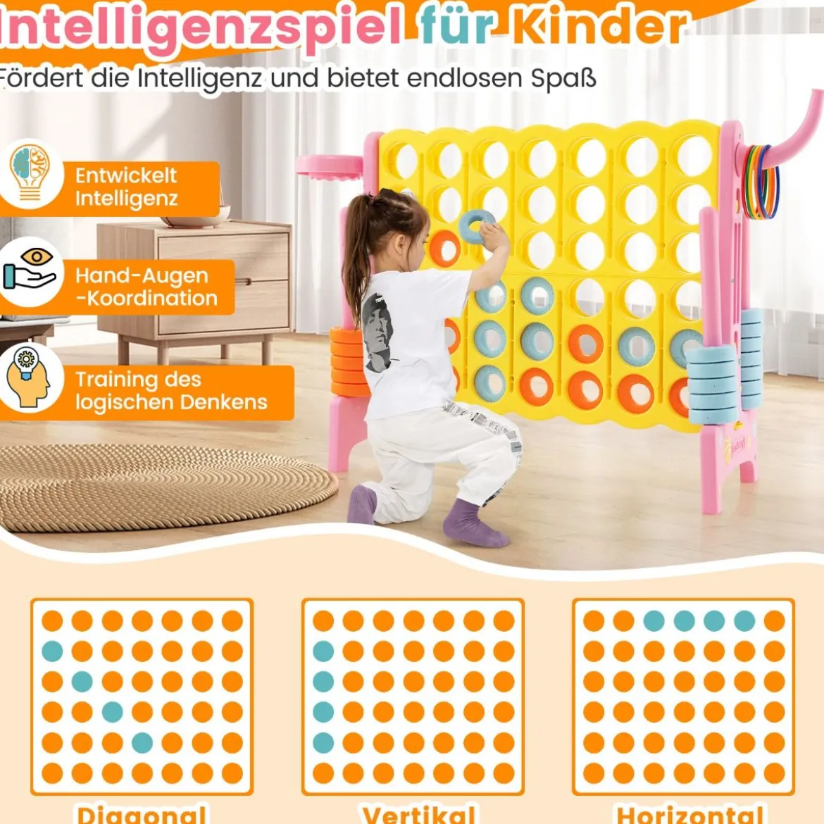 Riesiges 4-Gewinnt-Spiel erweitertes 4-Gewinnt-Spielset mit Basketballkorb und Wurfring Hellblau/Rosa
