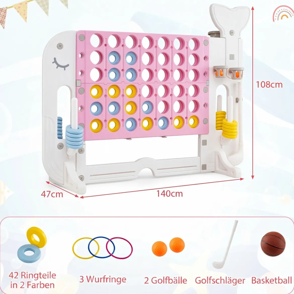 Riesiges 4 Gewinnt Spiel im Wal-Design Höhenverstellbares Kinderspielzeug mit 42 Jumbo-Ringen Rosa