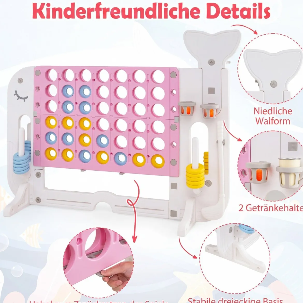 Riesiges 4 Gewinnt Spiel im Wal-Design Höhenverstellbares Kinderspielzeug mit 42 Jumbo-Ringen Rosa
