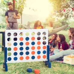 Riesiges 4 Gewinnt Spielset Holzrahmen inkl. 42 Jumbo Ringen & Schieberegler Weiß + Blau