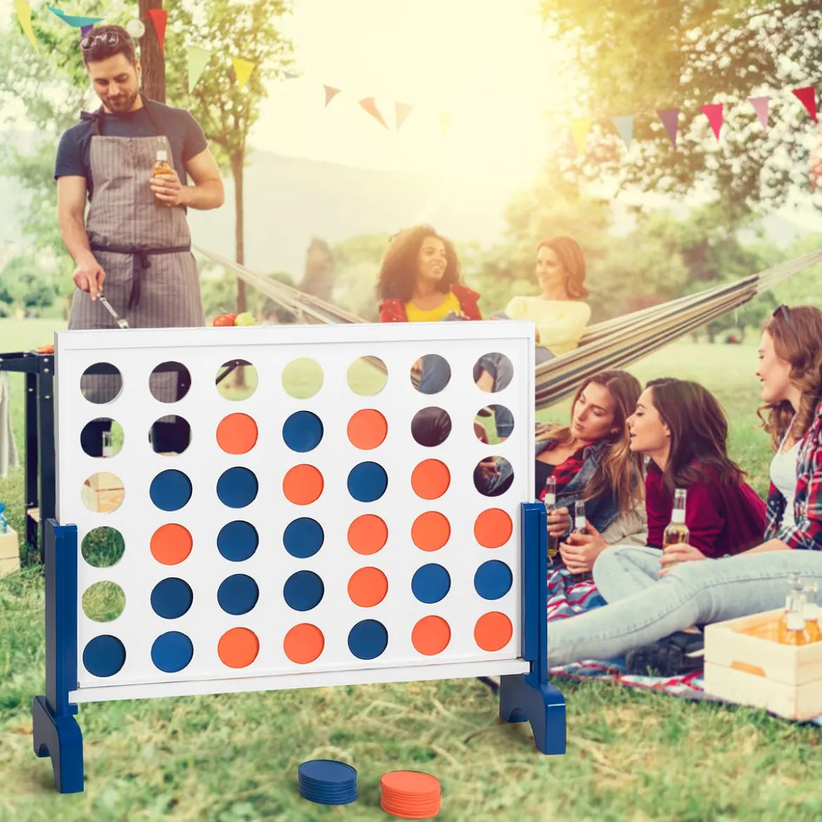 Riesiges 4 Gewinnt Spielset Holzrahmen inkl. 42 Jumbo Ringen & Schieberegler Weiß + Blau
