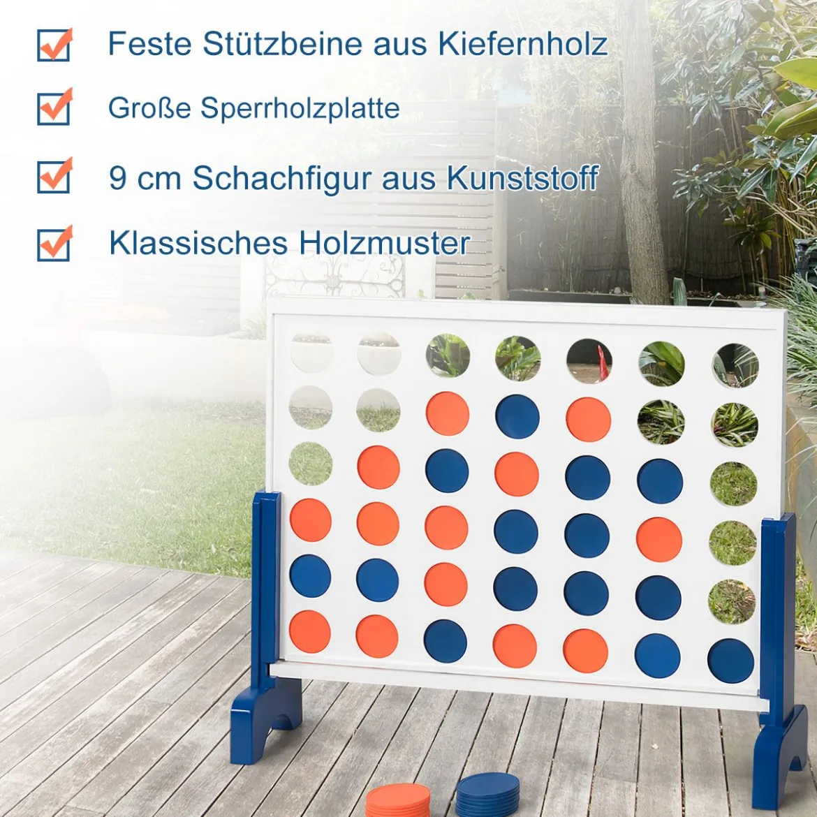 Riesiges 4 Gewinnt Spielset Holzrahmen inkl. 42 Jumbo Ringen & Schieberegler Weiß + Blau