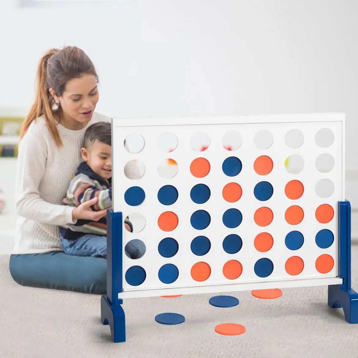 Riesiges 4 Gewinnt Spielset Holzrahmen inkl. 42 Jumbo Ringen & Schieberegler Weiß + Blau