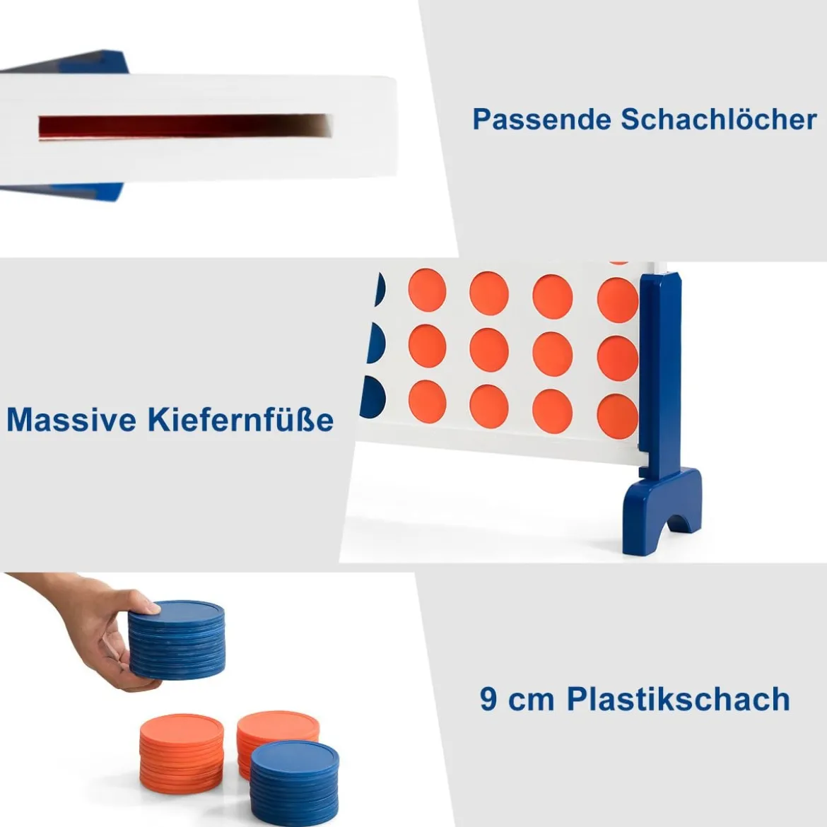 Riesiges 4 Gewinnt Spielset Holzrahmen inkl. 42 Jumbo Ringen & Schieberegler Weiß + Blau