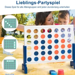 Riesiges 4 Gewinnt Spielset Holzrahmen inkl. 42 Jumbo Ringen & Schieberegler Weiß + Blau