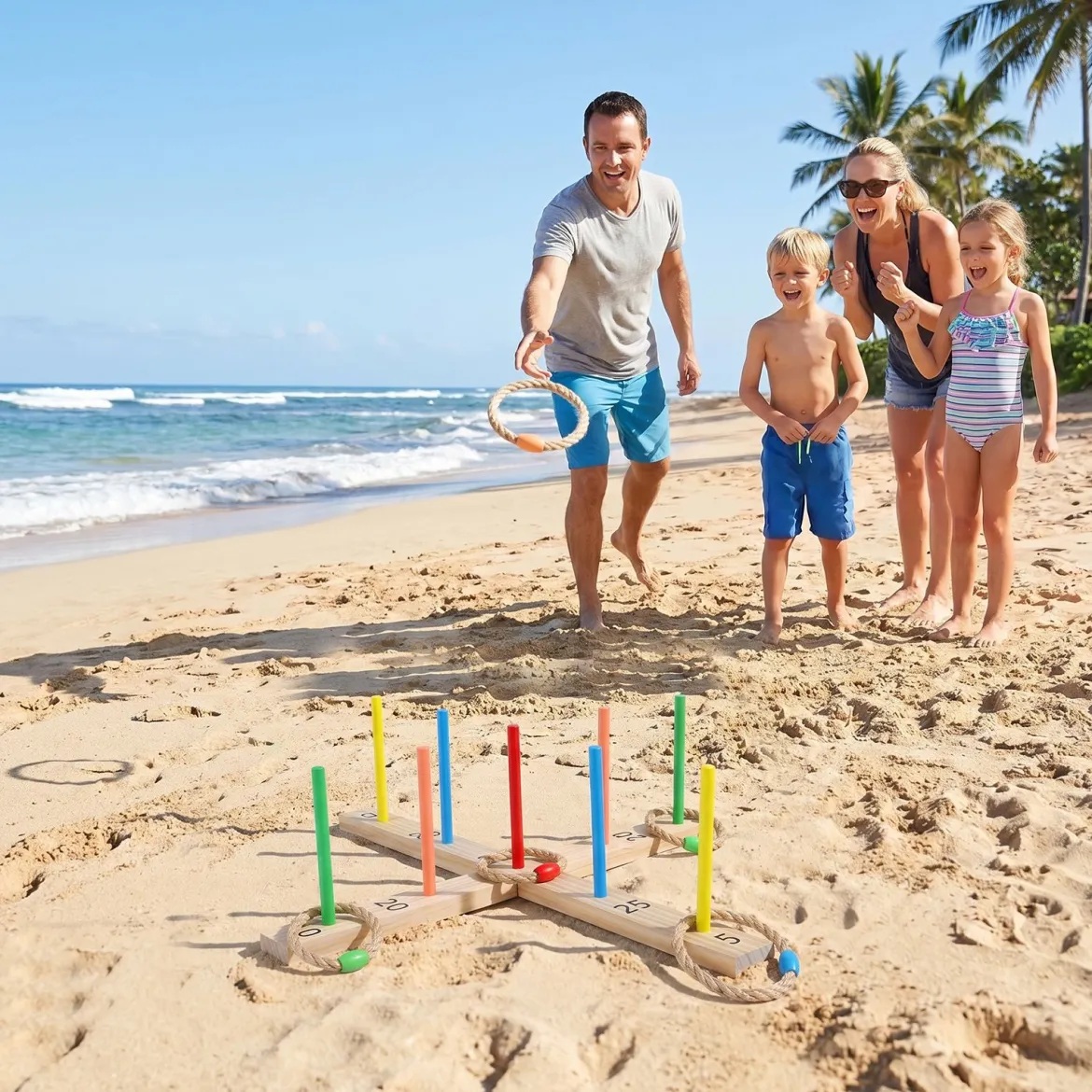 Ringwurfspiel aus Massivholz Outdoor Gartenspiel mit Wurfringen 50 x 50 x 14 cm Natur