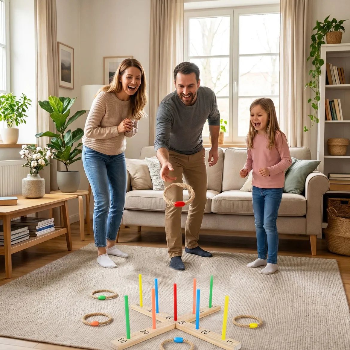 Ringwurfspiel aus Massivholz Outdoor Gartenspiel mit Wurfringen 50 x 50 x 14 cm Natur