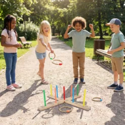 Ringwurfspiel aus Massivholz Outdoor Gartenspiel mit Wurfringen 50 x 50 x 14 cm Natur