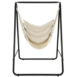 Robuster Stahl Hängeschaukel mit Ständer für drinnen und draußen 125 x 114 x 165 cm Beige