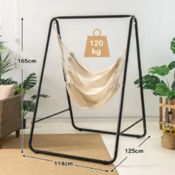 Robuster Stahl Hängeschaukel mit Ständer für drinnen und draußen 125 x 114 x 165 cm Beige