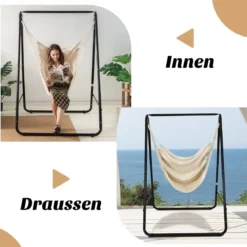 Robuster Stahl Hängeschaukel mit Ständer für drinnen und draußen 125 x 114 x 165 cm Beige