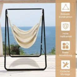 Robuster Stahl Hängeschaukel mit Ständer für drinnen und draußen 125 x 114 x 165 cm Beige