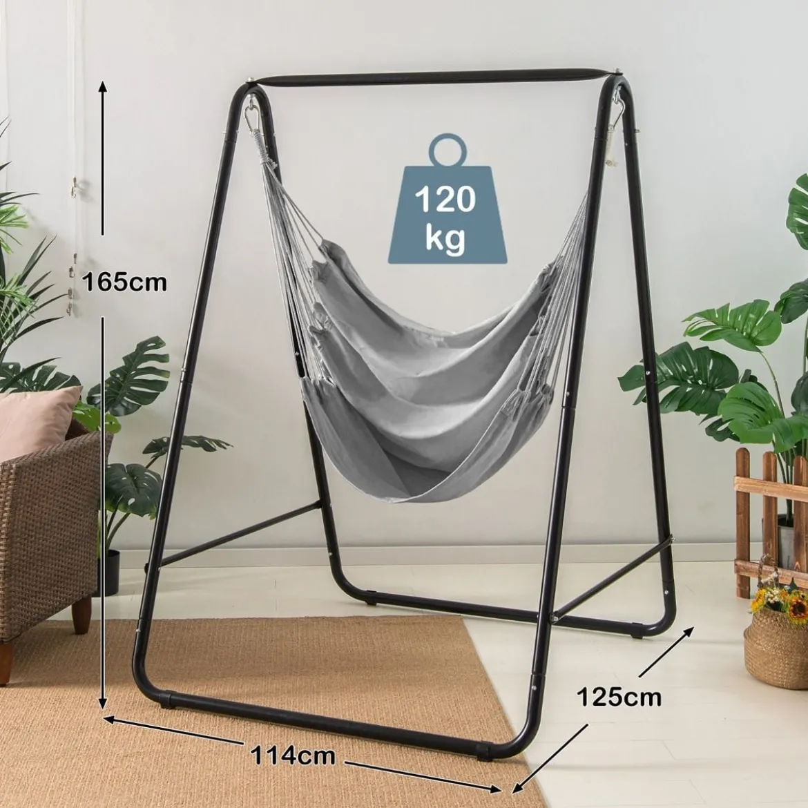 Robuster Stahl Hängeschaukel mit Ständer für drinnen und draußen 125 x 114 x 165 cm Grau
