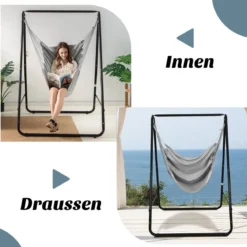 Robuster Stahl Hängeschaukel mit Ständer für drinnen und draußen 125 x 114 x 165 cm Grau