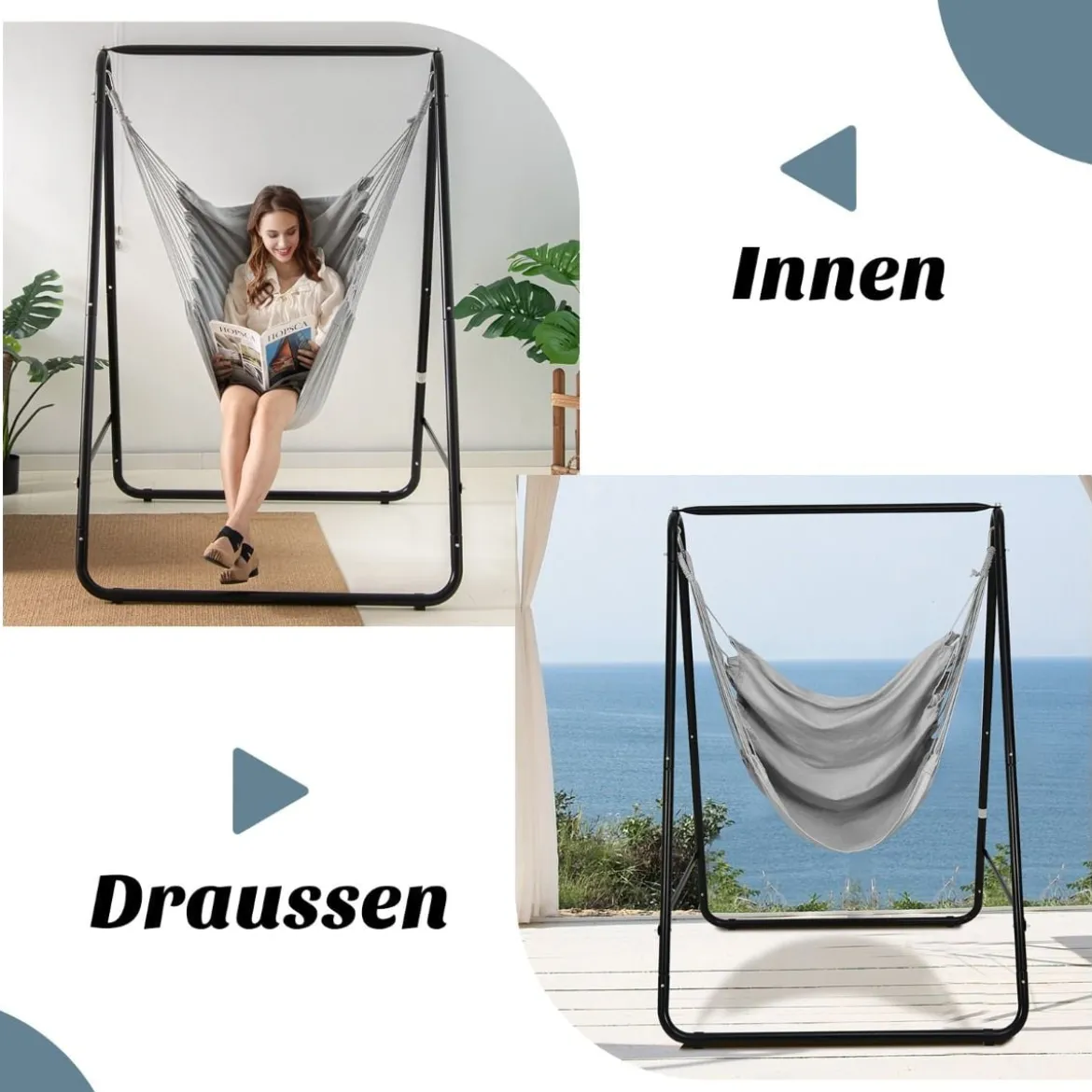 Robuster Stahl Hängeschaukel mit Ständer für drinnen und draußen 125 x 114 x 165 cm Grau