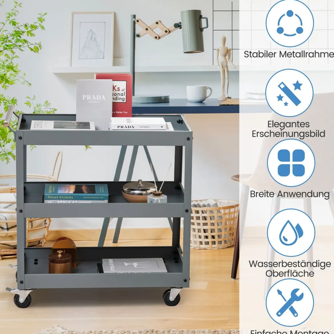 Robuster 3-stöckiger Trolley rollender Transportwagen aus Metall mit 3 Ablagen und ergonomischem Griff Grau