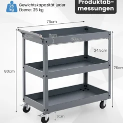 Robuster 3-stöckiger Trolley rollender Transportwagen aus Metall mit 3 Ablagen und ergonomischem Griff Grau