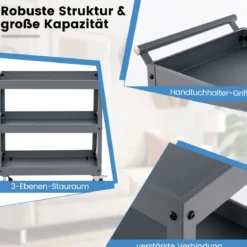 Robuster 3-stöckiger Trolley rollender Transportwagen aus Metall mit 3 Ablagen und ergonomischem Griff Grau