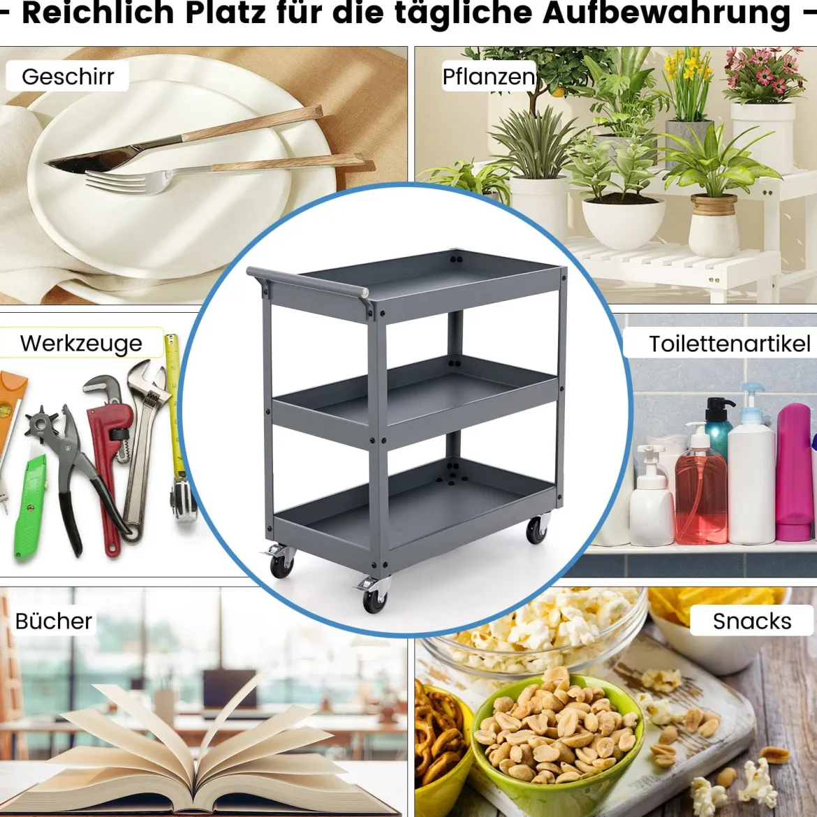 Robuster 3-stöckiger Trolley rollender Transportwagen aus Metall mit 3 Ablagen und ergonomischem Griff Grau