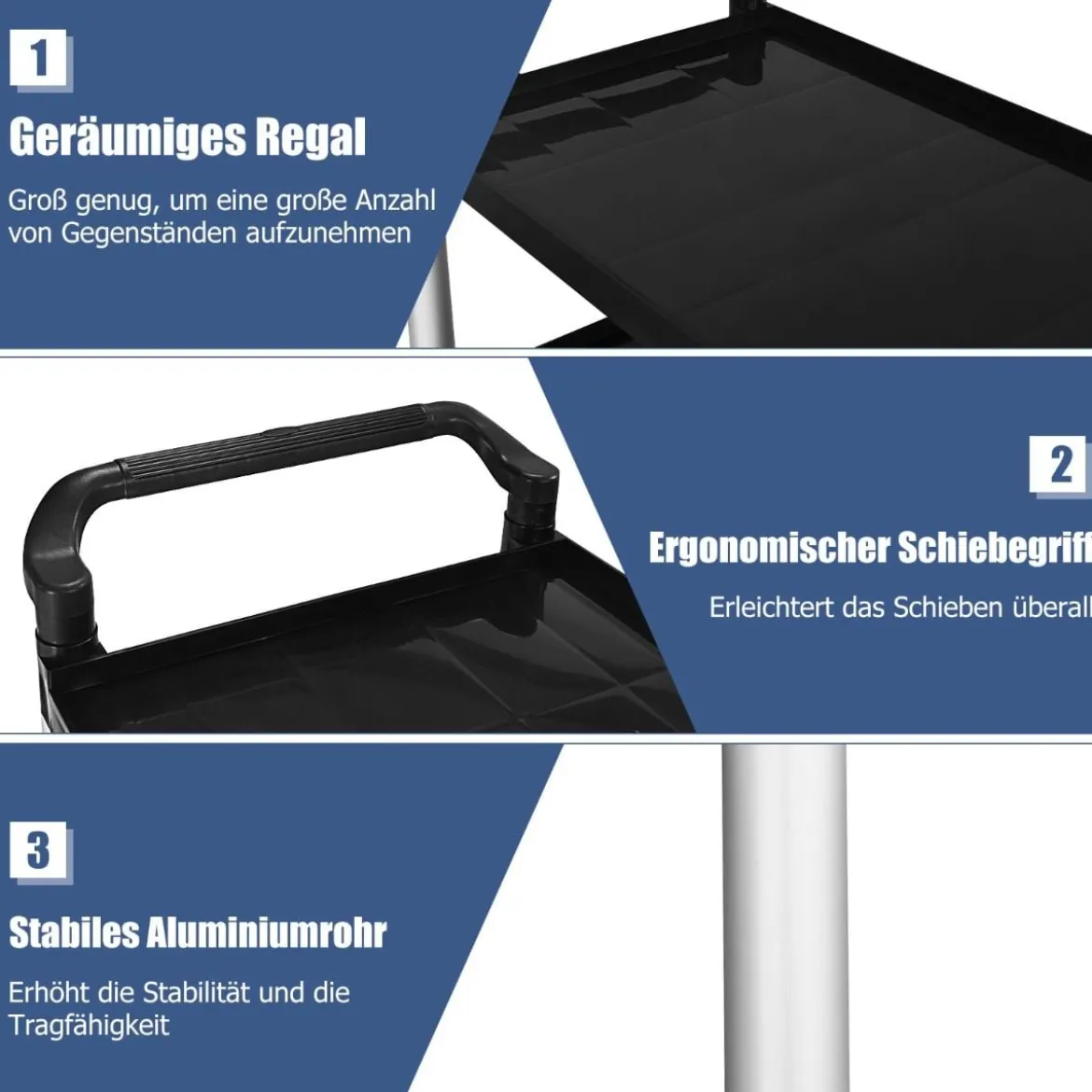 Robuster 3 stufiger Servicewagen mit humanisierten Griffen viel Stauraum & flexiblen Rädern mit Bremssystem Schwarz