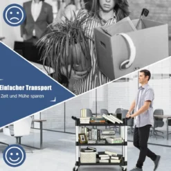 Robuster 3 stufiger Servicewagen mit humanisierten Griffen viel Stauraum & flexiblen Rädern mit Bremssystem Schwarz