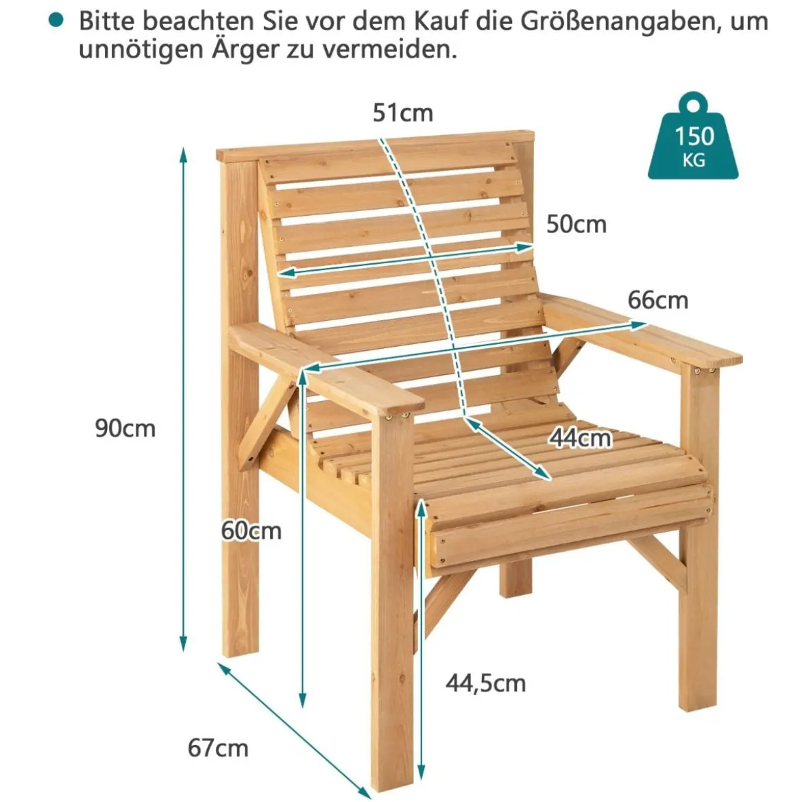 Robuster Tannenholzstuhl für den Außenbereich Terrassenstuhl für Garten 67 x 66 x 90 cm Natur