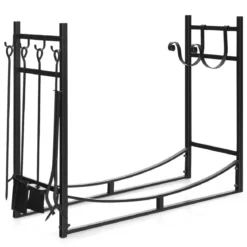 Robustes Brennholzregal & Werkzeugsetmit Anzündholzhaltern & Schaufel 91x33x76cm Schwarz