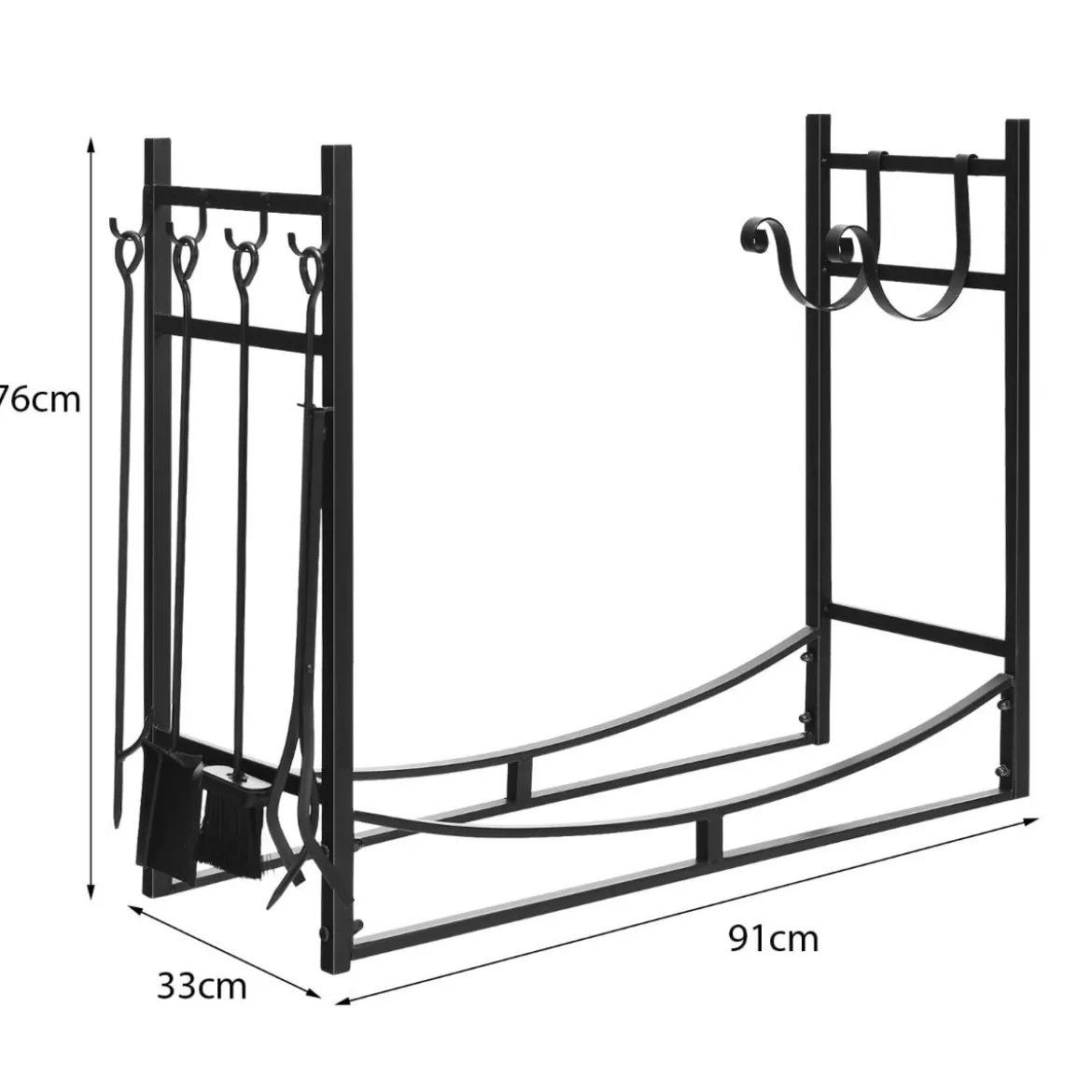 Robustes Brennholzregal & Werkzeugsetmit Anzündholzhaltern & Schaufel 91x33x76cm Schwarz