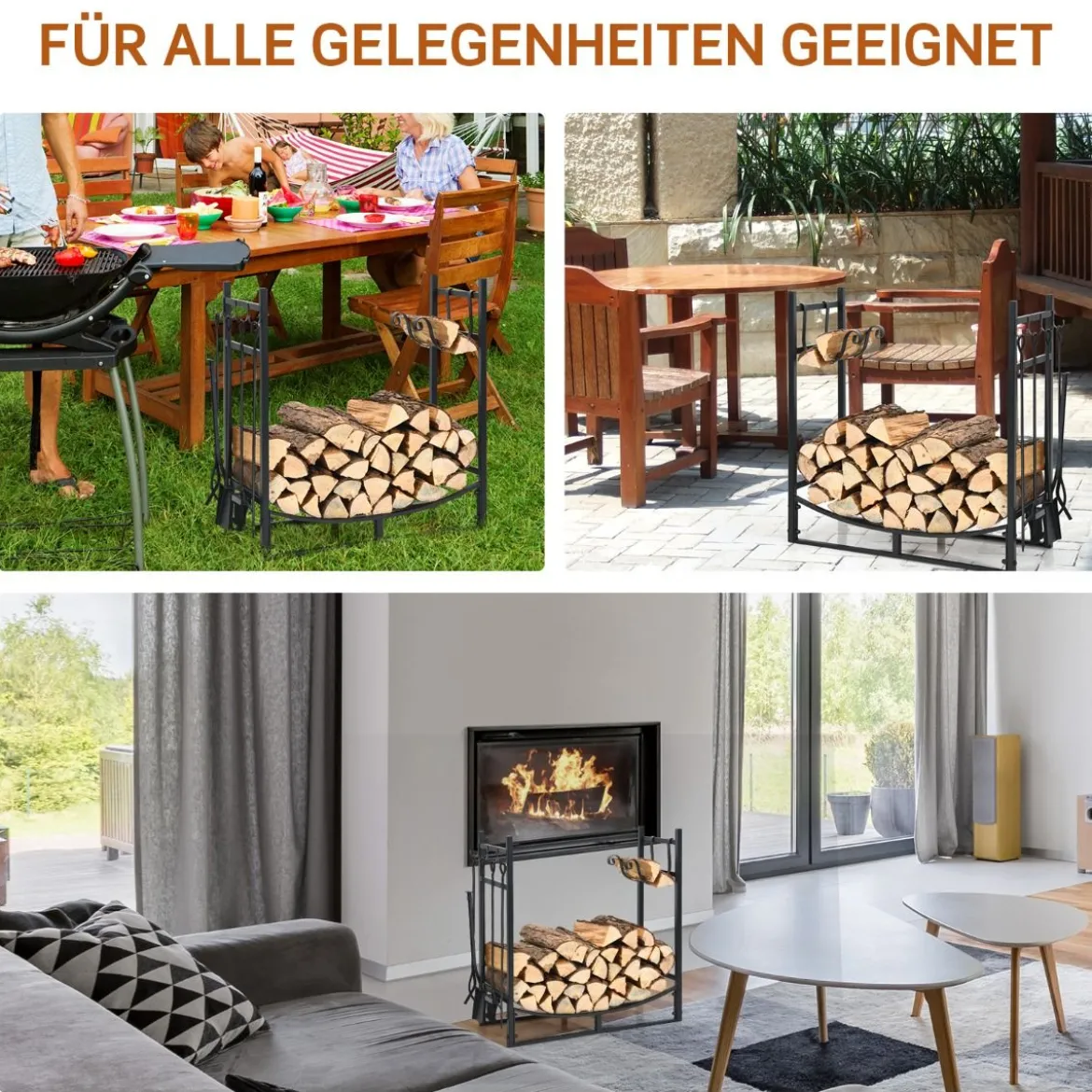 Robustes Metall-Brennholzgestell & Werkzeugset Brennholzhalter mit Schaufel 76x33x76cm Schwarz