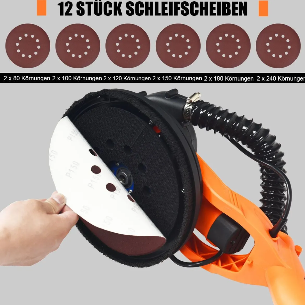 rockenbauschleifer Deckenschleifer Staubsammelsystem Wandschleifmaschine 750W / 800-1750 U/min / Ø225 mm