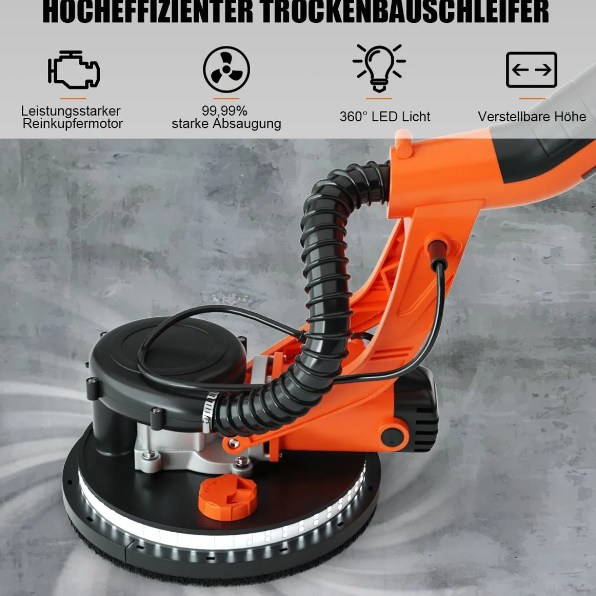 rockenbauschleifer Deckenschleifer Staubsammelsystem Wandschleifmaschine 750W / 800-1750 U/min / Ø225 mm