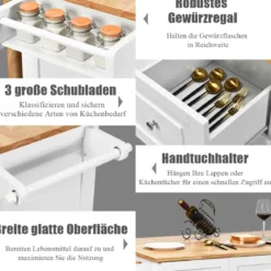 Rollbarer Küchenwagen mit Arbeitsplatte Kücheninsel mit Handtuchhalter & Schubladen 136 x 76 x 91 cm Weiß