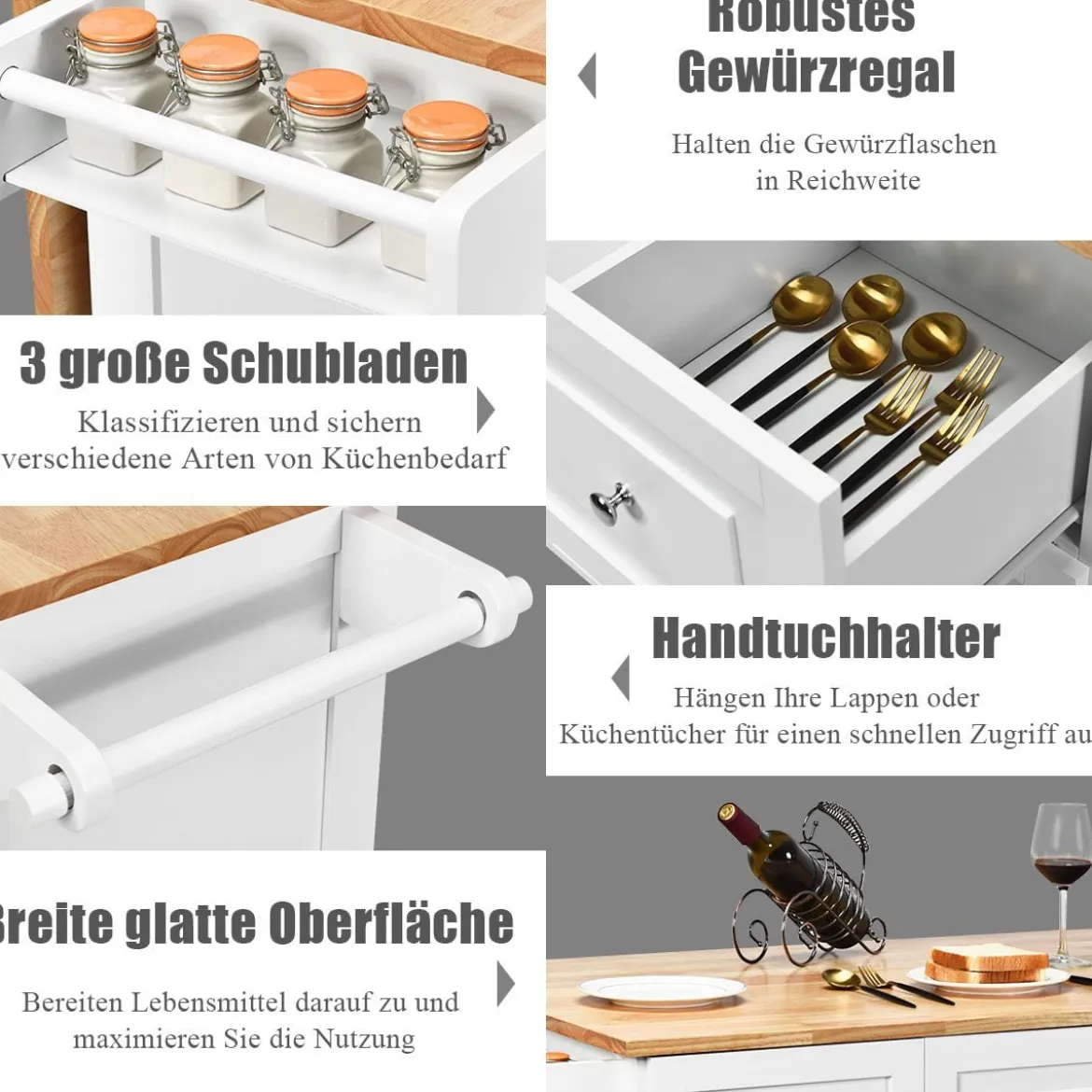 Rollbarer Küchenwagen mit Arbeitsplatte Kücheninsel mit Handtuchhalter & Schubladen 136 x 76 x 91 cm Weiß