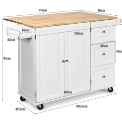 Rollbarer Küchenwagen mit Arbeitsplatte Kücheninsel mit Handtuchhalter & Schubladen 136 x 76 x 91 cm Weiß