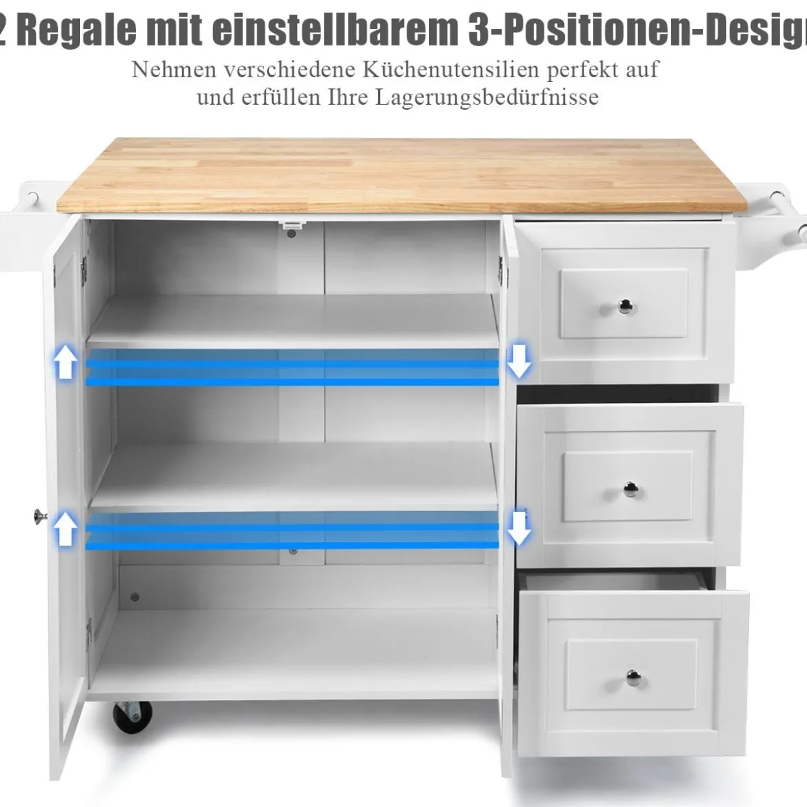 Rollbarer Küchenwagen mit Arbeitsplatte Kücheninsel mit Handtuchhalter & Schubladen 136 x 76 x 91 cm Weiß