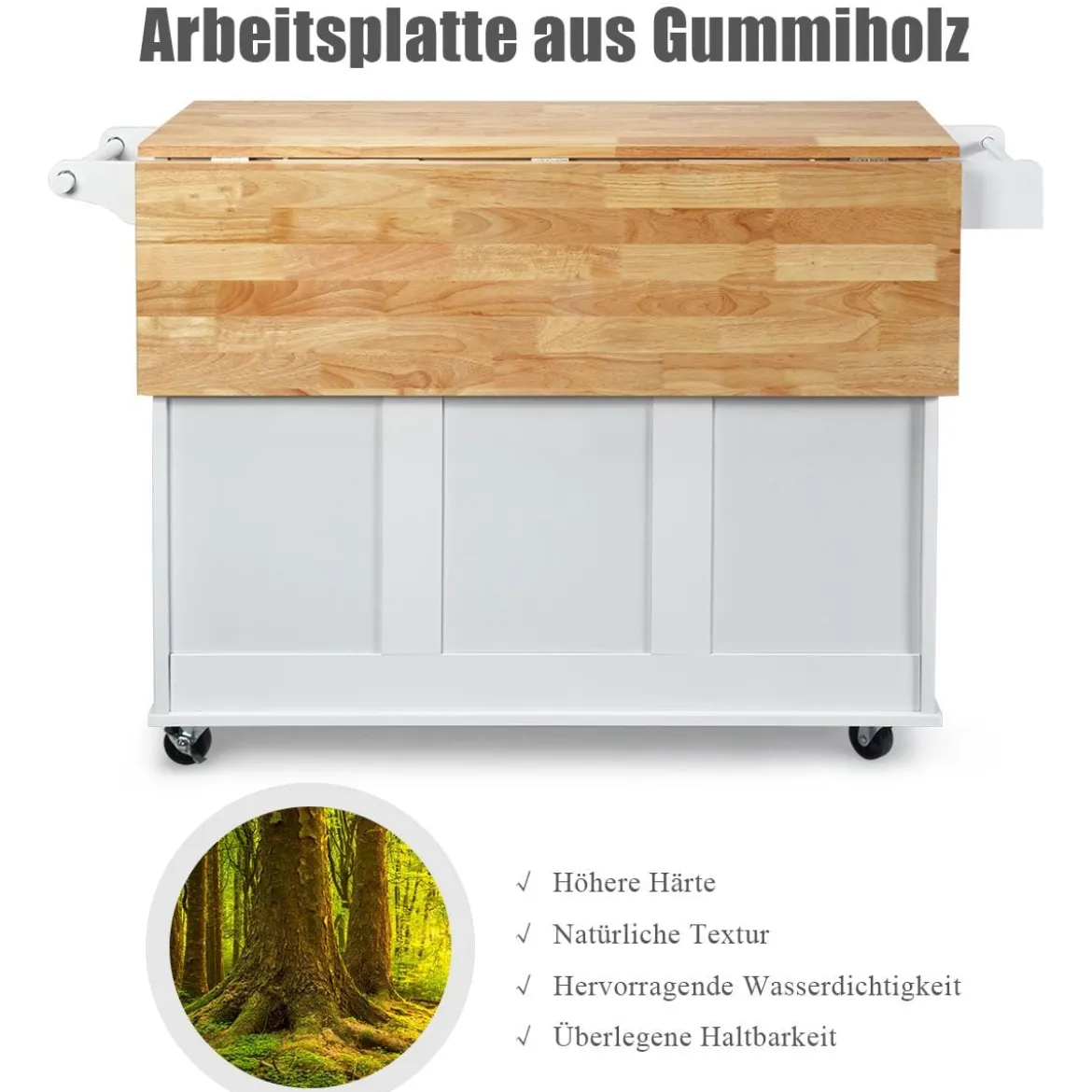 Rollbarer Küchenwagen mit Arbeitsplatte Kücheninsel mit Handtuchhalter & Schubladen 136 x 76 x 91 cm Weiß