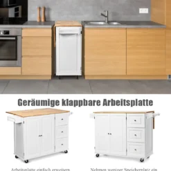 Rollbarer Küchenwagen mit Arbeitsplatte Kücheninsel mit Handtuchhalter & Schubladen 136 x 76 x 91 cm Weiß