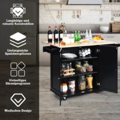Rollbarer Küchenwagen mit klappbarer Arbeitsfläche Kücheninsel 136 x 76 x 91 cm Schwarz