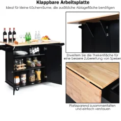 Rollbarer Küchenwagen mit klappbarer Arbeitsfläche Kücheninsel 136 x 76 x 91 cm Schwarz