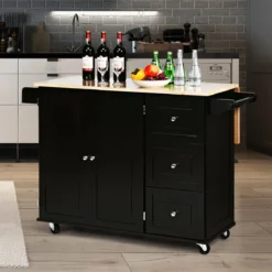Rollbarer Küchenwagen mit klappbarer Arbeitsfläche Kücheninsel 136 x 76 x 91 cm Schwarz