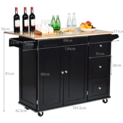 Rollbarer Küchenwagen mit klappbarer Arbeitsfläche Kücheninsel 136 x 76 x 91 cm Schwarz