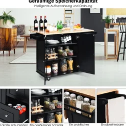 Rollbarer Küchenwagen mit klappbarer Arbeitsfläche Kücheninsel 136 x 76 x 91 cm Schwarz