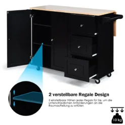Rollbarer Küchenwagen mit klappbarer Arbeitsfläche Kücheninsel 136 x 76 x 91 cm Schwarz