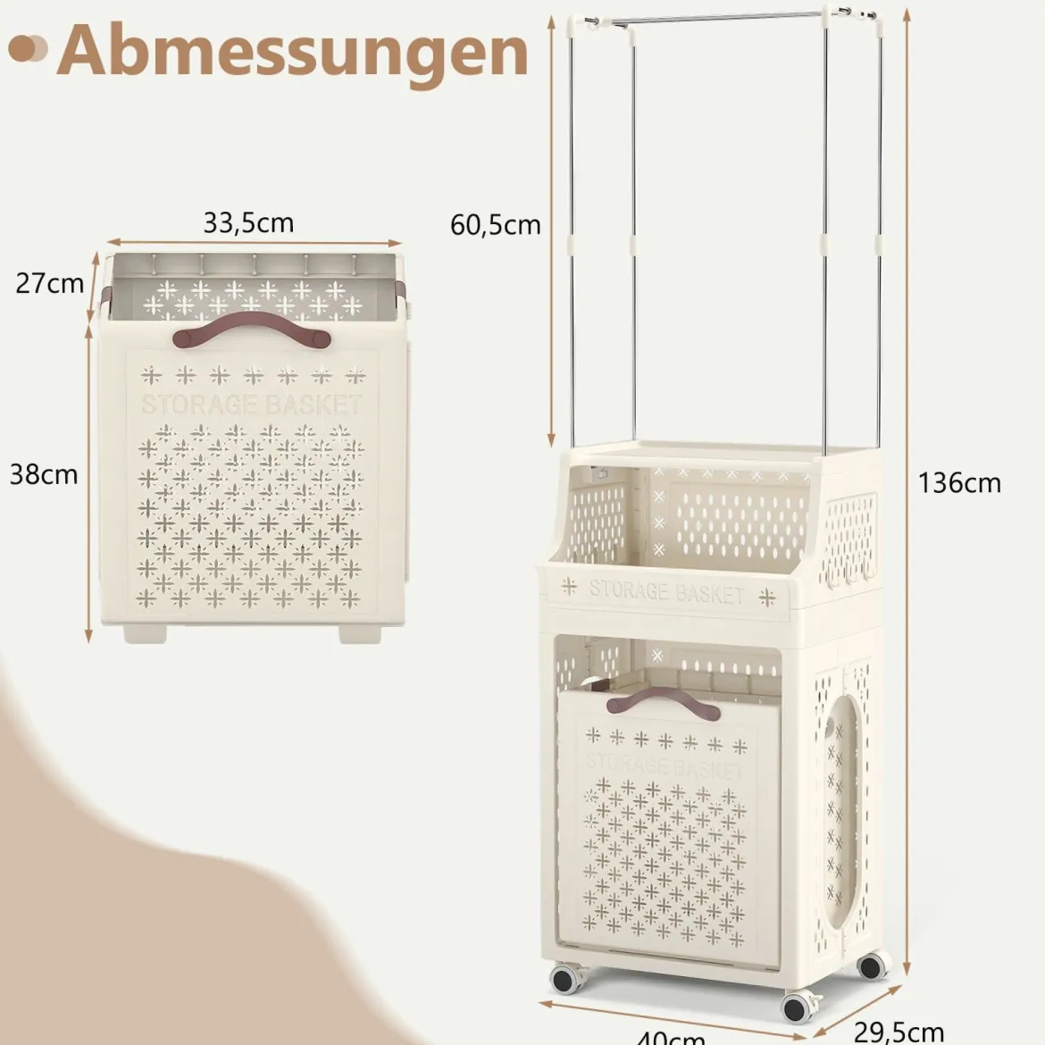 Rollbarer Wäschekorb mit Kleiderbügel mehrschichtiger faltbarer Kunststoff-Wäschebehälter Beige