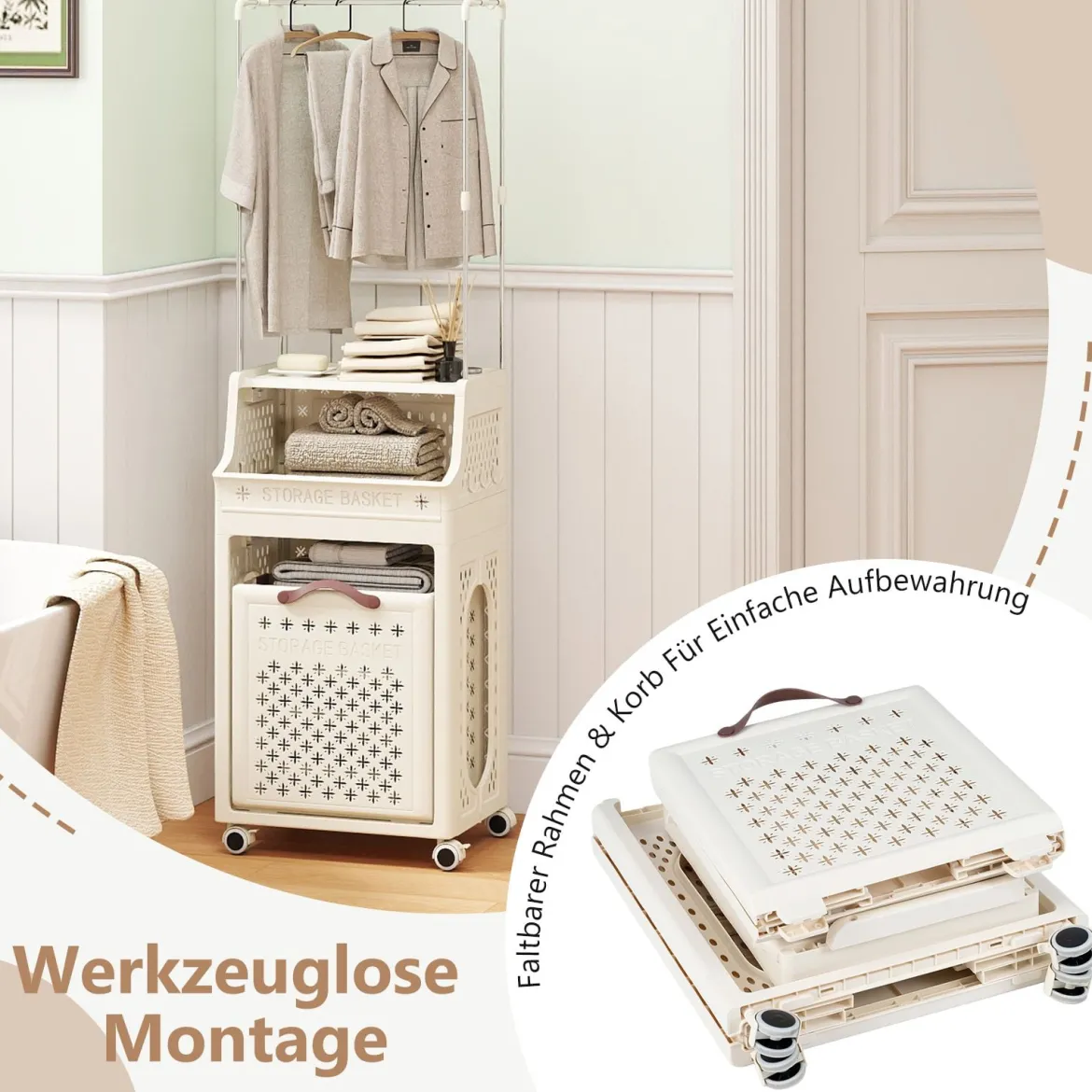 Rollbarer Wäschekorb mit Kleiderbügel mehrschichtiger faltbarer Kunststoff-Wäschebehälter Beige