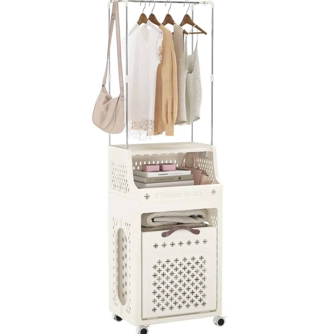 Rollbarer Wäschekorb mit Kleiderbügel mehrschichtiger faltbarer Kunststoff-Wäschebehälter Beige