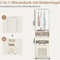Rollbarer Wäschekorb mit Kleiderbügel mehrschichtiger faltbarer Kunststoff-Wäschebehälter Beige