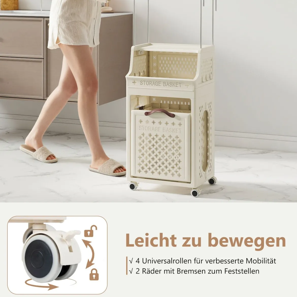 Rollbarer Wäschekorb mit Kleiderbügel mehrschichtiger faltbarer Kunststoff-Wäschebehälter Beige