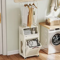Rollbarer Wäschekorb mit Kleiderbügel mehrschichtiger faltbarer Kunststoff-Wäschebehälter Beige