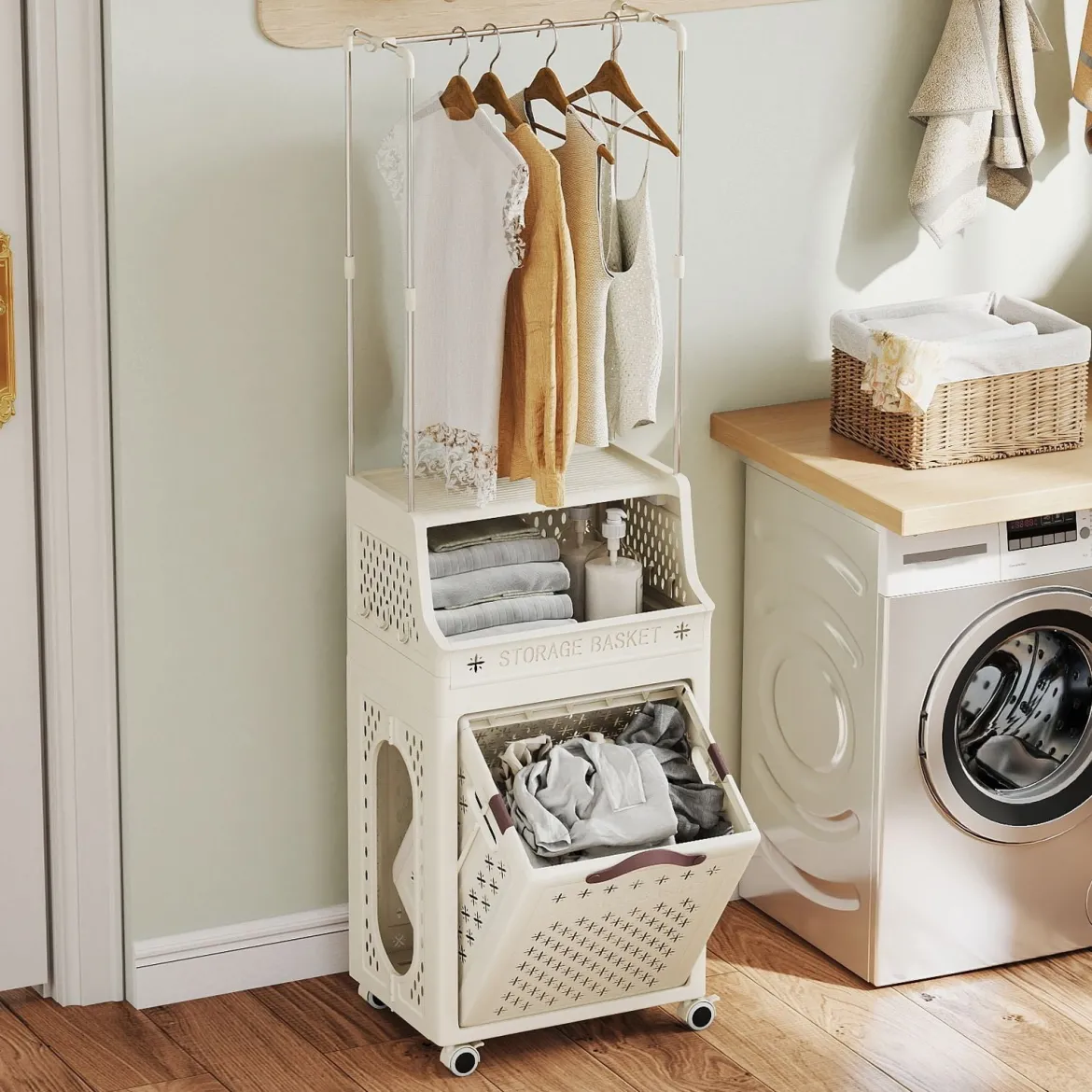 Rollbarer Wäschekorb mit Kleiderbügel mehrschichtiger faltbarer Kunststoff-Wäschebehälter Beige